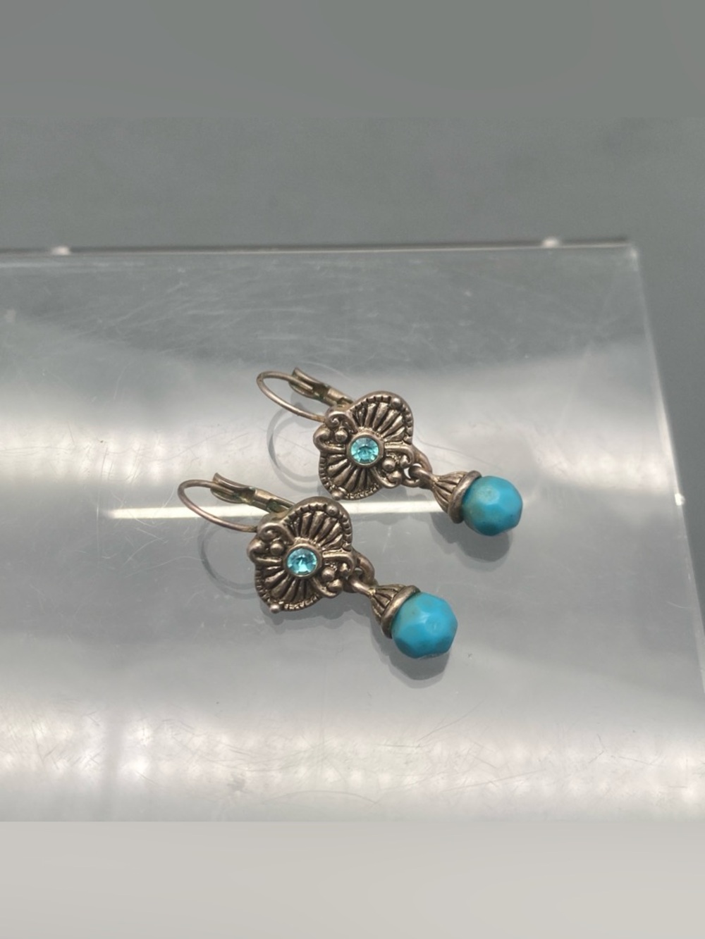 Vintage Silver Tone Art Nouveau Earrings Blue Rhinestone Faux Turquoise Dangle